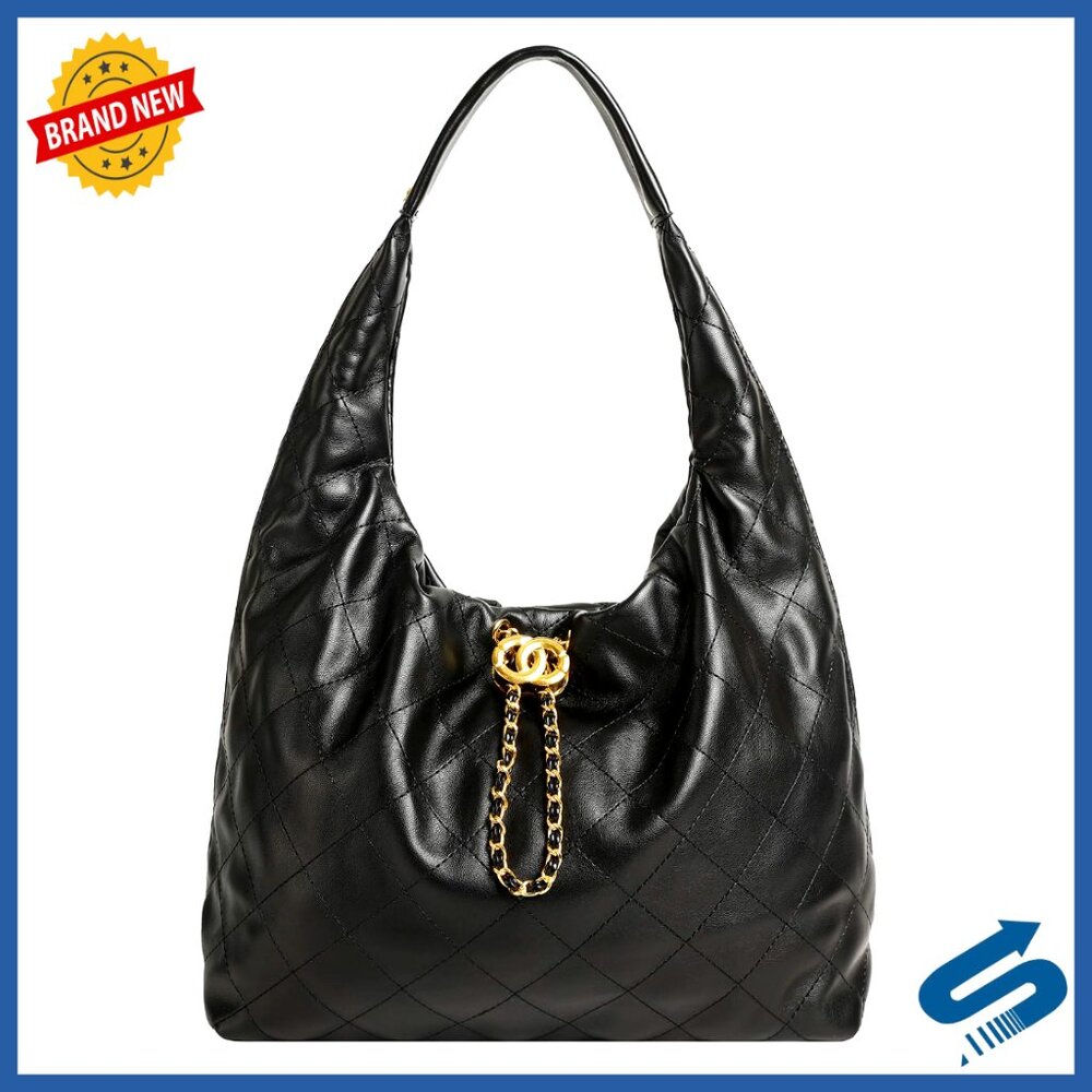 Quilted Vegan Leather Tote Hobo Bag with Chain Drawstring Closure